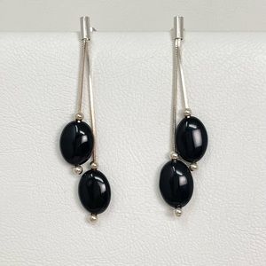 Vintage 925 Sterling Silver Oval Onyx Drop Earrings
